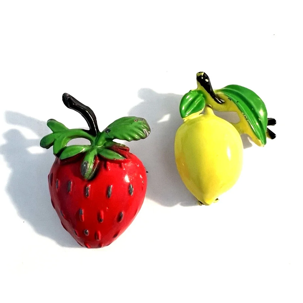 MCM Assorted Fruit Strawberry & Lemon Enamel Brooch Lot 2 Colorful Novelty